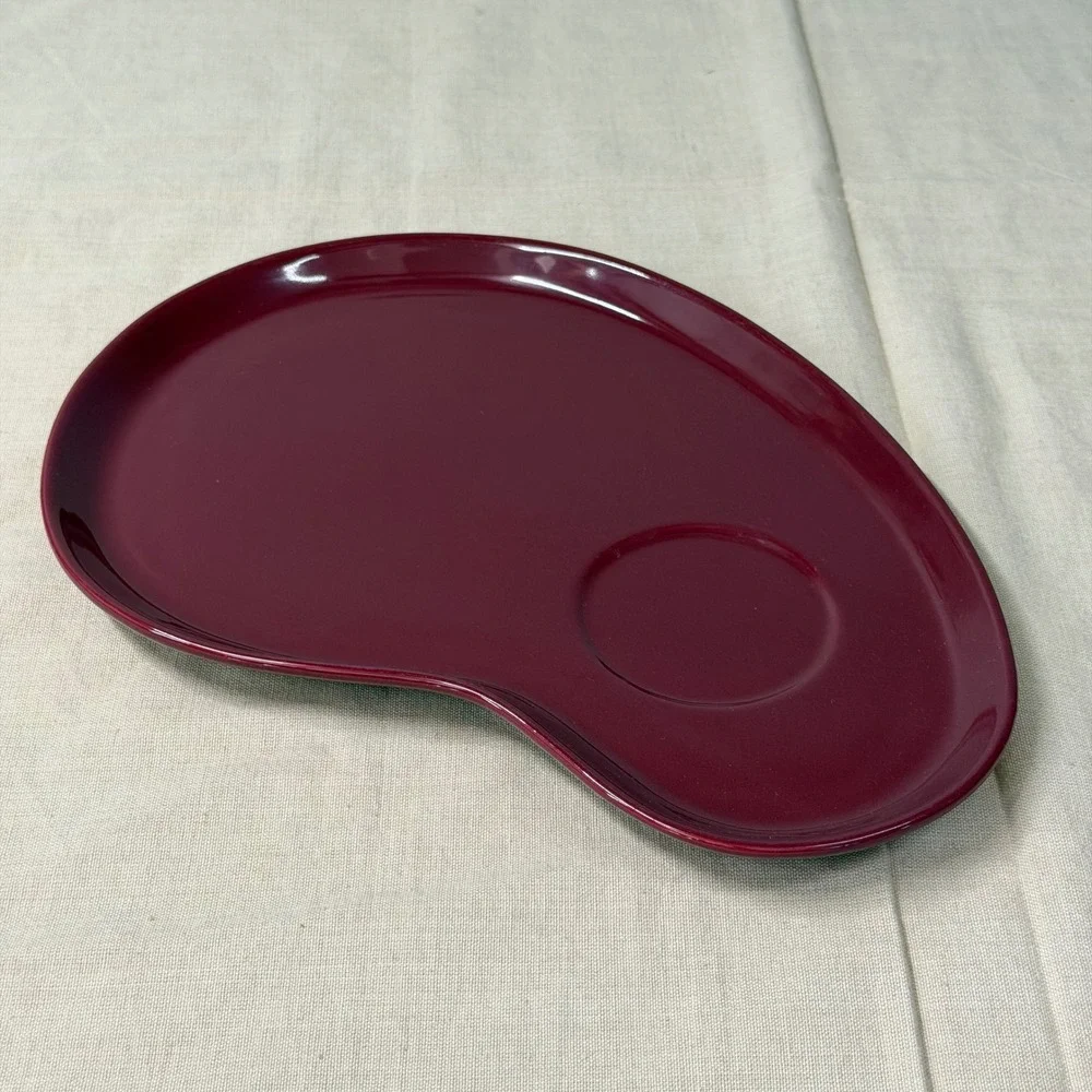 Burgundy Kidney Shaped Ceramic Snack Plate Tray Glossy Red Brown Catchall
